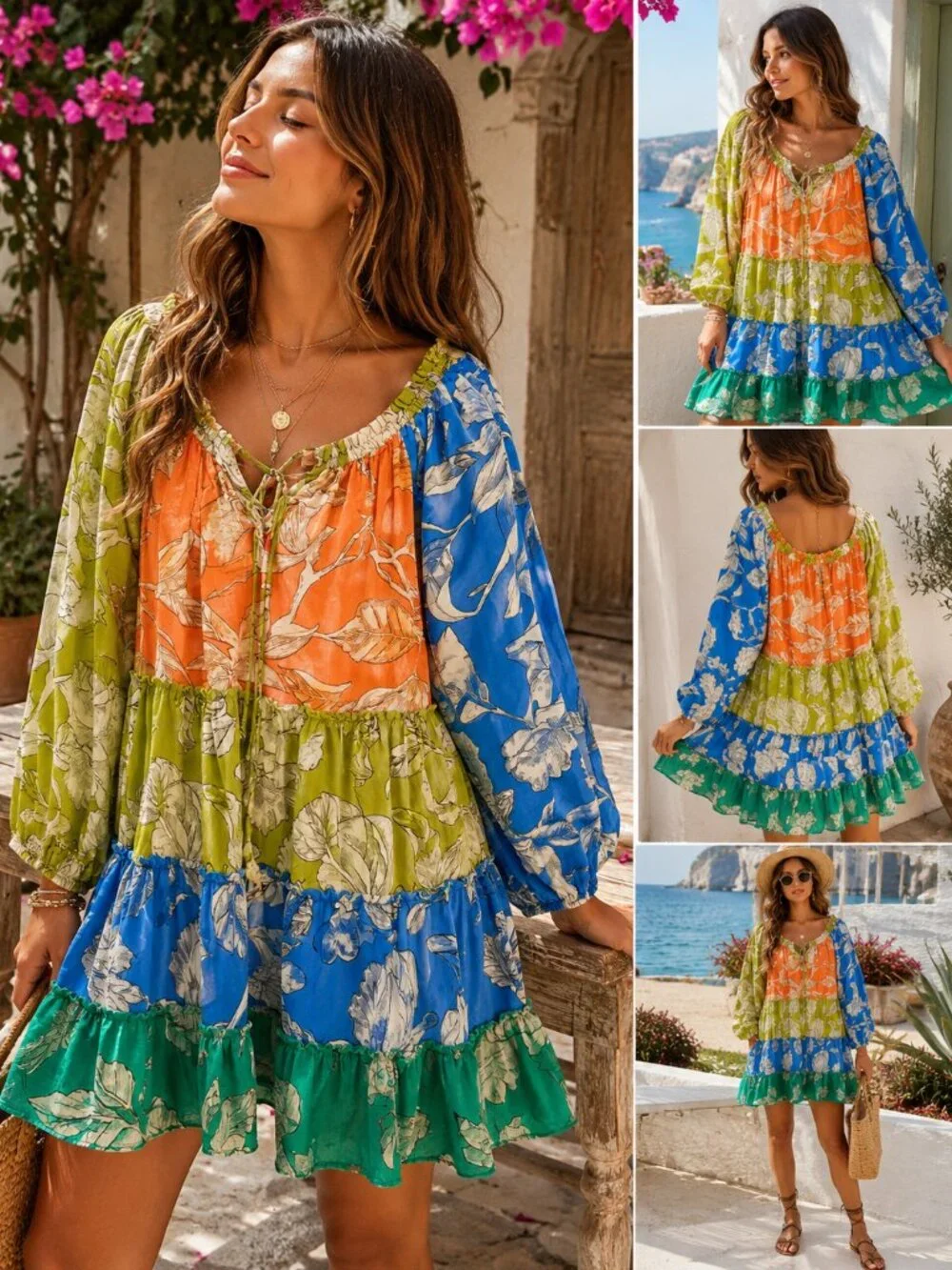 Velzera Colorblock Tropical Floral Cotton Boho Tunic Dress S/M - Picture 1 of 7